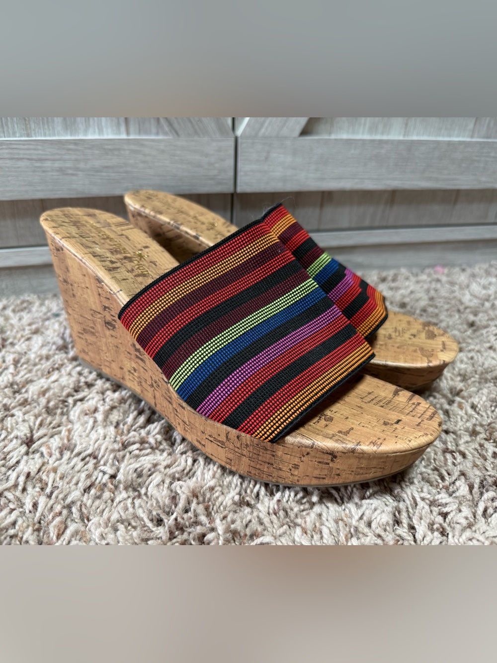 Montego Bay- Multicolor Striped Rainbow Slide Wedge Sandals(9) Like New